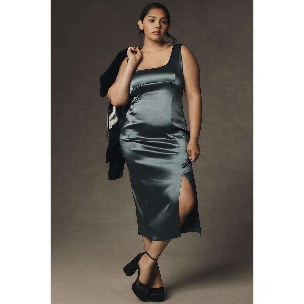MAEVE SQUARE-NECK SATIN STRETCH MIDI DRESS 2x nwt